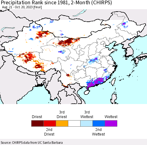 China, Mongolia and Taiwan Precipitation Rank since 1981, 2-Month (CHIRPS) Thematic Map For 8/21/2023 - 10/20/2023