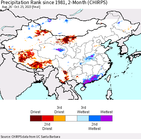 China, Mongolia and Taiwan Precipitation Rank since 1981, 2-Month (CHIRPS) Thematic Map For 8/26/2023 - 10/25/2023
