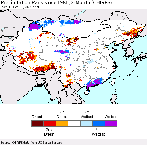 China, Mongolia and Taiwan Precipitation Rank since 1981, 2-Month (CHIRPS) Thematic Map For 9/1/2023 - 10/31/2023