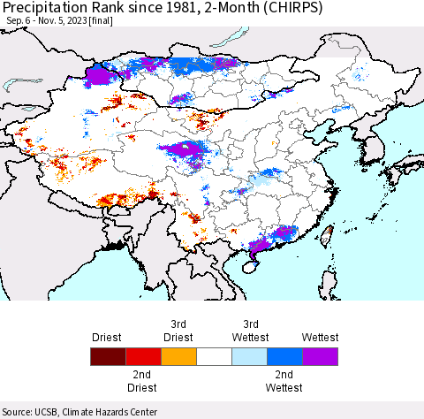 China, Mongolia and Taiwan Precipitation Rank since 1981, 2-Month (CHIRPS) Thematic Map For 9/6/2023 - 11/5/2023