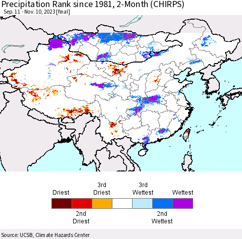China, Mongolia and Taiwan Precipitation Rank since 1981, 2-Month (CHIRPS) Thematic Map For 9/11/2023 - 11/10/2023