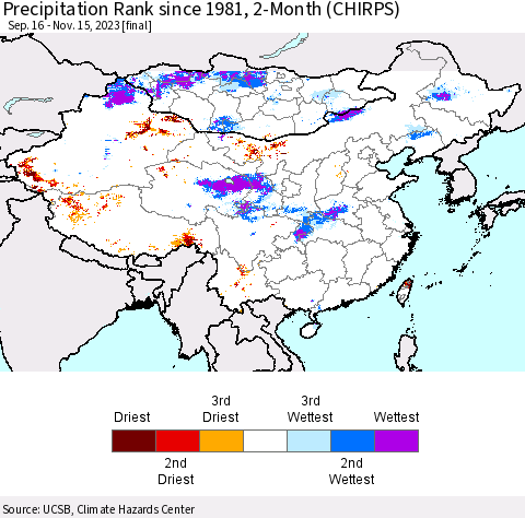 China, Mongolia and Taiwan Precipitation Rank since 1981, 2-Month (CHIRPS) Thematic Map For 9/16/2023 - 11/15/2023