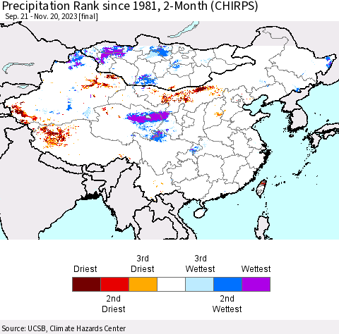 China, Mongolia and Taiwan Precipitation Rank since 1981, 2-Month (CHIRPS) Thematic Map For 9/21/2023 - 11/20/2023