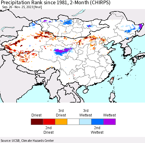 China, Mongolia and Taiwan Precipitation Rank since 1981, 2-Month (CHIRPS) Thematic Map For 9/26/2023 - 11/25/2023