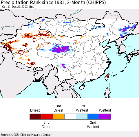 China, Mongolia and Taiwan Precipitation Rank since 1981, 2-Month (CHIRPS) Thematic Map For 10/6/2023 - 12/5/2023