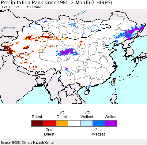 China, Mongolia and Taiwan Precipitation Rank since 1981, 2-Month (CHIRPS) Thematic Map For 10/11/2023 - 12/10/2023