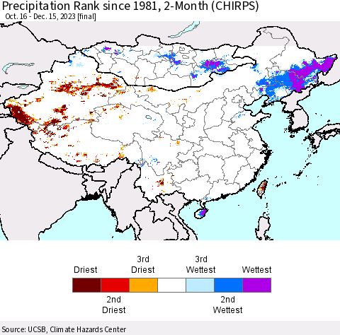 China, Mongolia and Taiwan Precipitation Rank since 1981, 2-Month (CHIRPS) Thematic Map For 10/16/2023 - 12/15/2023