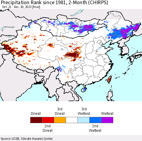 China, Mongolia and Taiwan Precipitation Rank since 1981, 2-Month (CHIRPS) Thematic Map For 10/21/2023 - 12/20/2023