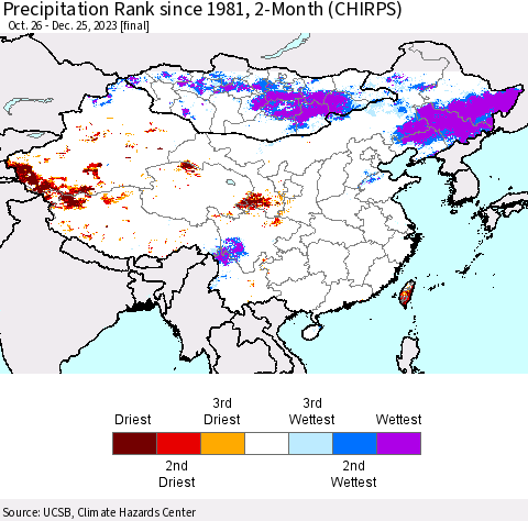 China, Mongolia and Taiwan Precipitation Rank since 1981, 2-Month (CHIRPS) Thematic Map For 10/26/2023 - 12/25/2023
