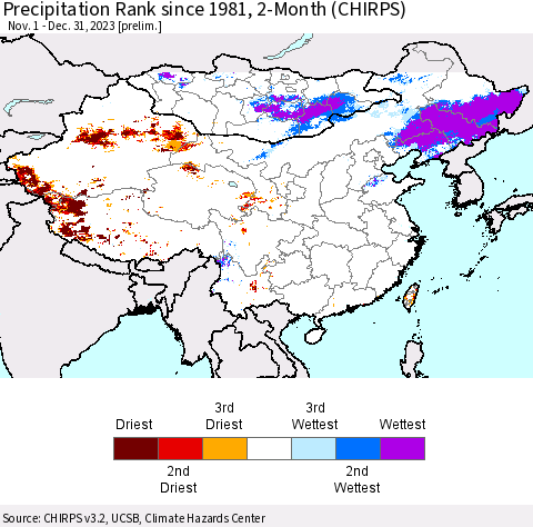 China, Mongolia and Taiwan Precipitation Rank since 1981, 2-Month (CHIRPS) Thematic Map For 11/1/2023 - 12/31/2023