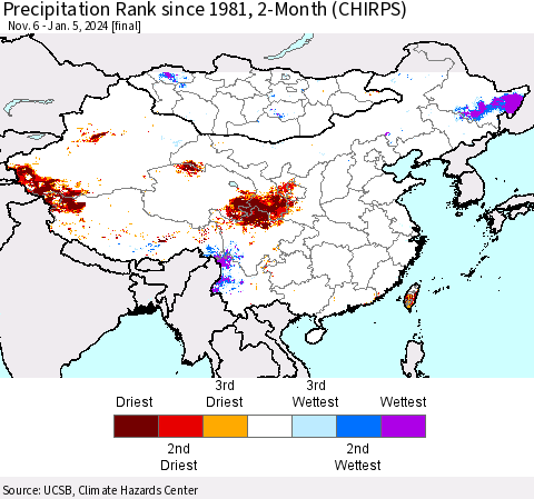 China, Mongolia and Taiwan Precipitation Rank since 1981, 2-Month (CHIRPS) Thematic Map For 11/6/2023 - 1/5/2024