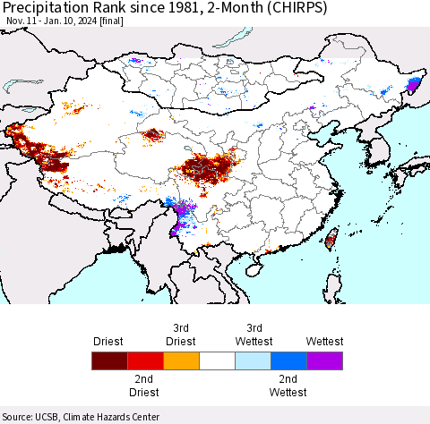 China, Mongolia and Taiwan Precipitation Rank since 1981, 2-Month (CHIRPS) Thematic Map For 11/11/2023 - 1/10/2024