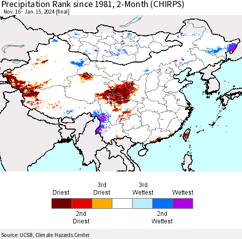 China, Mongolia and Taiwan Precipitation Rank since 1981, 2-Month (CHIRPS) Thematic Map For 11/16/2023 - 1/15/2024