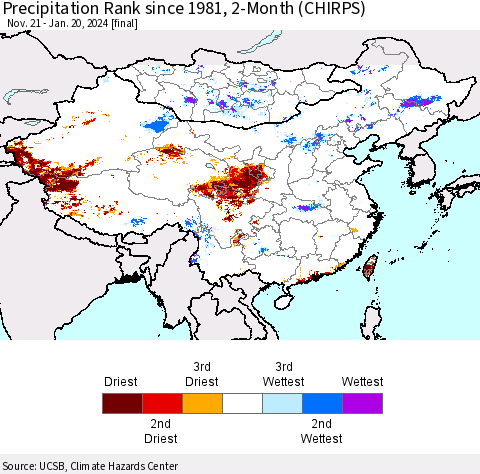China, Mongolia and Taiwan Precipitation Rank since 1981, 2-Month (CHIRPS) Thematic Map For 11/21/2023 - 1/20/2024