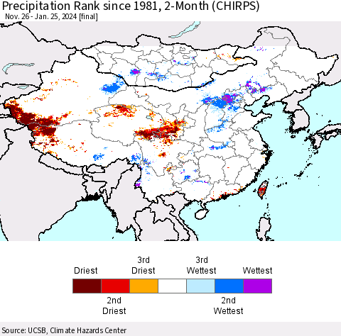 China, Mongolia and Taiwan Precipitation Rank since 1981, 2-Month (CHIRPS) Thematic Map For 11/26/2023 - 1/25/2024