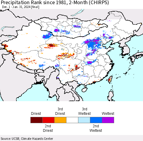 China, Mongolia and Taiwan Precipitation Rank since 1981, 2-Month (CHIRPS) Thematic Map For 12/1/2023 - 1/31/2024