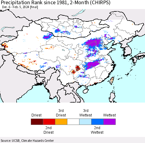 China, Mongolia and Taiwan Precipitation Rank since 1981, 2-Month (CHIRPS) Thematic Map For 12/6/2023 - 2/5/2024