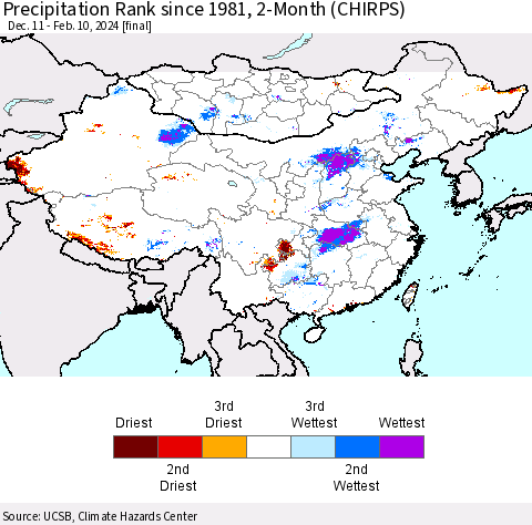 China, Mongolia and Taiwan Precipitation Rank since 1981, 2-Month (CHIRPS) Thematic Map For 12/11/2023 - 2/10/2024