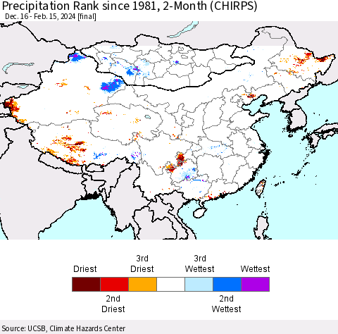 China, Mongolia and Taiwan Precipitation Rank since 1981, 2-Month (CHIRPS) Thematic Map For 12/16/2023 - 2/15/2024