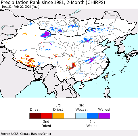 China, Mongolia and Taiwan Precipitation Rank since 1981, 2-Month (CHIRPS) Thematic Map For 12/21/2023 - 2/20/2024