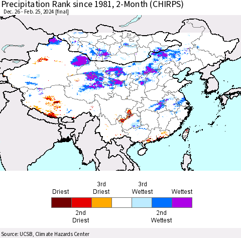 China, Mongolia and Taiwan Precipitation Rank since 1981, 2-Month (CHIRPS) Thematic Map For 12/26/2023 - 2/25/2024