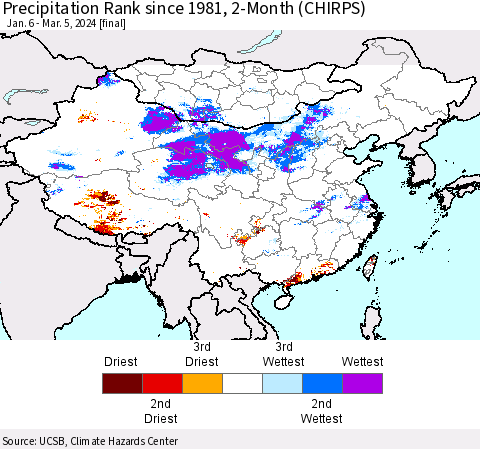 China, Mongolia and Taiwan Precipitation Rank since 1981, 2-Month (CHIRPS) Thematic Map For 1/6/2024 - 3/5/2024