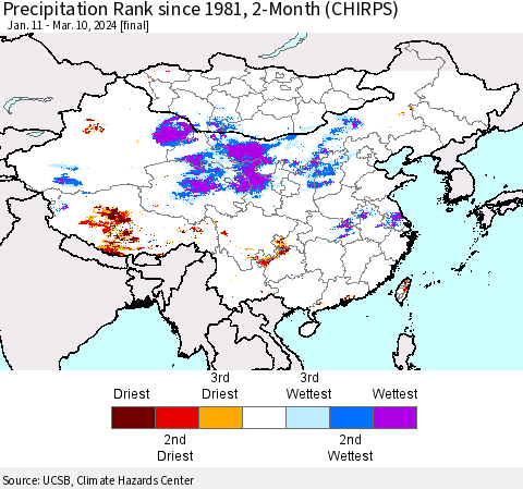 China, Mongolia and Taiwan Precipitation Rank since 1981, 2-Month (CHIRPS) Thematic Map For 1/11/2024 - 3/10/2024