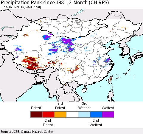 China, Mongolia and Taiwan Precipitation Rank since 1981, 2-Month (CHIRPS) Thematic Map For 1/16/2024 - 3/15/2024