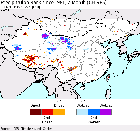 China, Mongolia and Taiwan Precipitation Rank since 1981, 2-Month (CHIRPS) Thematic Map For 1/21/2024 - 3/20/2024