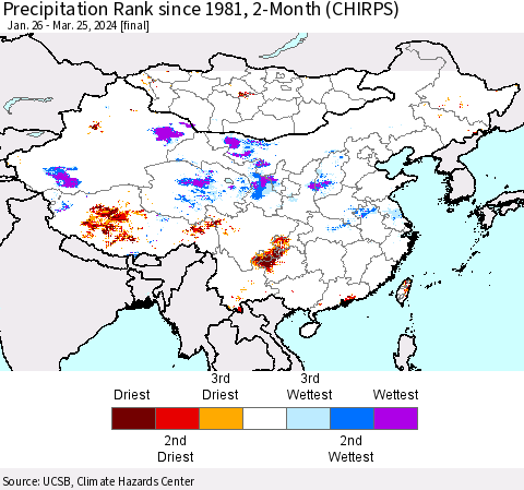 China, Mongolia and Taiwan Precipitation Rank since 1981, 2-Month (CHIRPS) Thematic Map For 1/26/2024 - 3/25/2024