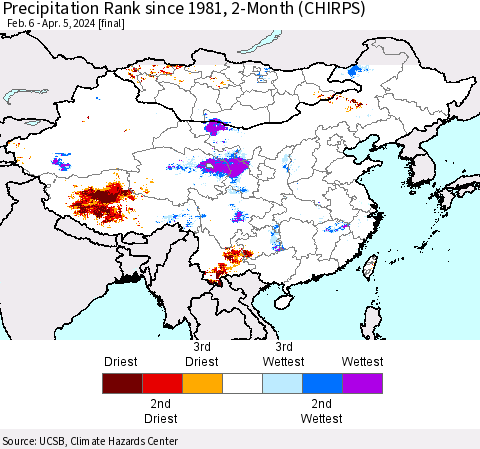 China, Mongolia and Taiwan Precipitation Rank since 1981, 2-Month (CHIRPS) Thematic Map For 2/6/2024 - 4/5/2024