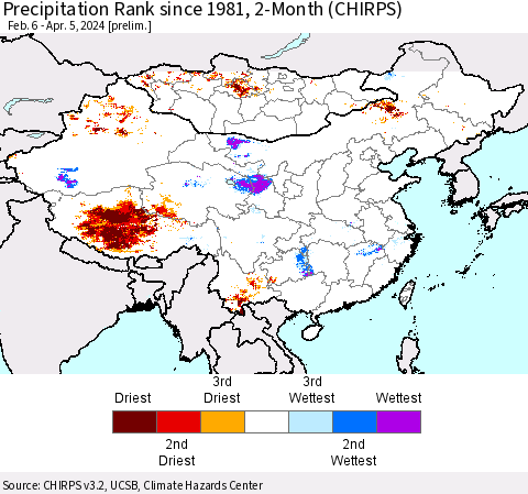 China, Mongolia and Taiwan Precipitation Rank since 1981, 2-Month (CHIRPS) Thematic Map For 2/6/2024 - 4/5/2024