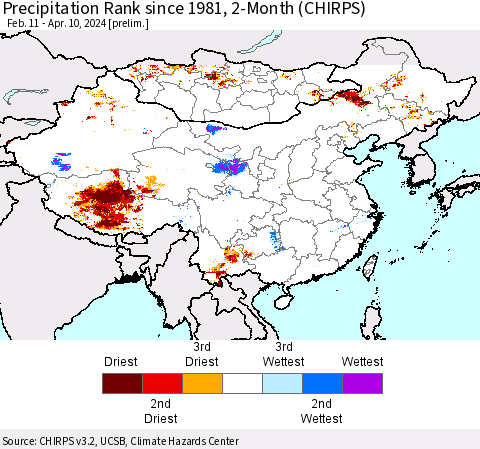 China, Mongolia and Taiwan Precipitation Rank since 1981, 2-Month (CHIRPS) Thematic Map For 2/11/2024 - 4/10/2024