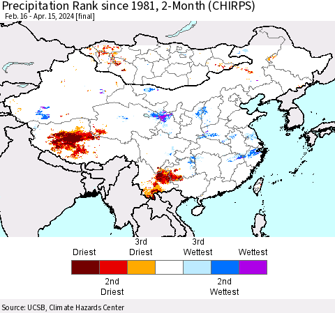 China, Mongolia and Taiwan Precipitation Rank since 1981, 2-Month (CHIRPS) Thematic Map For 2/16/2024 - 4/15/2024