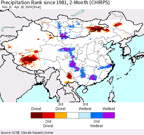 China, Mongolia and Taiwan Precipitation Rank since 1981, 2-Month (CHIRPS) Thematic Map For 2/21/2024 - 4/20/2024