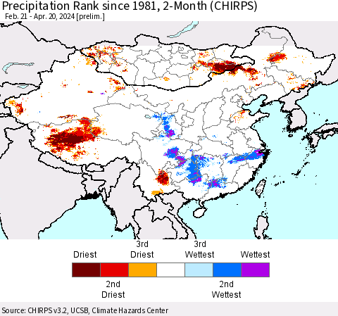 China, Mongolia and Taiwan Precipitation Rank since 1981, 2-Month (CHIRPS) Thematic Map For 2/21/2024 - 4/20/2024