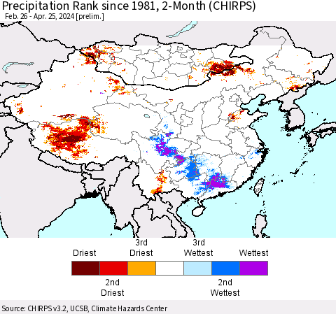 China, Mongolia and Taiwan Precipitation Rank since 1981, 2-Month (CHIRPS) Thematic Map For 2/26/2024 - 4/25/2024