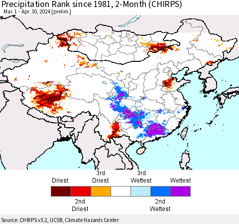 China, Mongolia and Taiwan Precipitation Rank since 1981, 2-Month (CHIRPS) Thematic Map For 3/1/2024 - 4/30/2024
