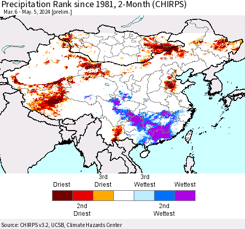 China, Mongolia and Taiwan Precipitation Rank since 1981, 2-Month (CHIRPS) Thematic Map For 3/6/2024 - 5/5/2024