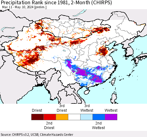 China, Mongolia and Taiwan Precipitation Rank since 1981, 2-Month (CHIRPS) Thematic Map For 3/11/2024 - 5/10/2024