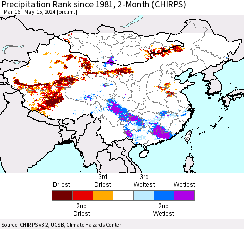China, Mongolia and Taiwan Precipitation Rank since 1981, 2-Month (CHIRPS) Thematic Map For 3/16/2024 - 5/15/2024