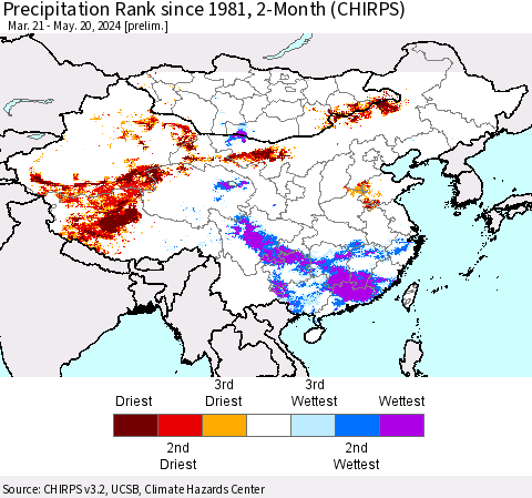 China, Mongolia and Taiwan Precipitation Rank since 1981, 2-Month (CHIRPS) Thematic Map For 3/21/2024 - 5/20/2024