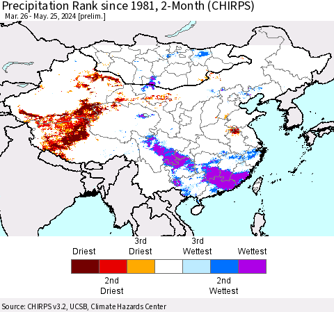 China, Mongolia and Taiwan Precipitation Rank since 1981, 2-Month (CHIRPS) Thematic Map For 3/26/2024 - 5/25/2024