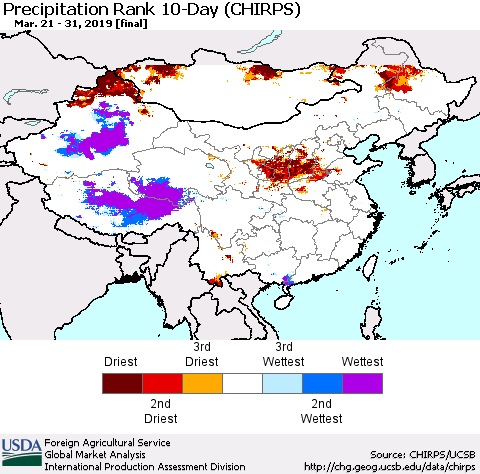 China, Mongolia and Taiwan Precipitation Rank since 1981, 10-Day (CHIRPS) Thematic Map For 3/21/2019 - 3/31/2019