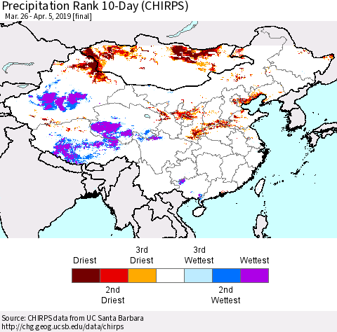 China, Mongolia and Taiwan Precipitation Rank since 1981, 10-Day (CHIRPS) Thematic Map For 3/26/2019 - 4/5/2019