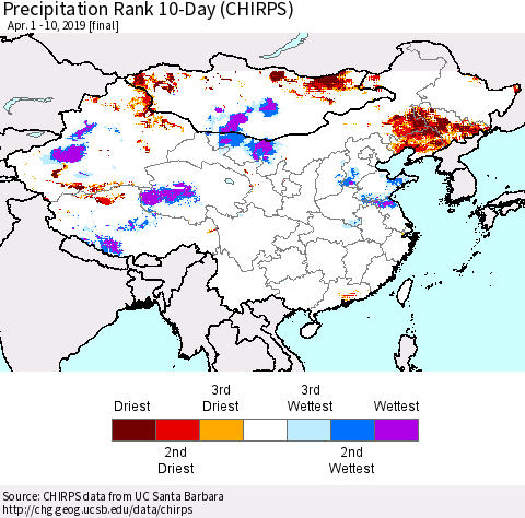 China and Taiwan Precipitation Rank 10-Day (CHIRPS) Thematic Map For 4/1/2019 - 4/10/2019