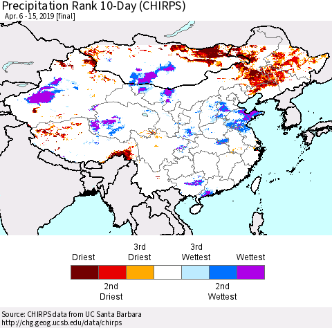 China and Taiwan Precipitation Rank 10-Day (CHIRPS) Thematic Map For 4/6/2019 - 4/15/2019