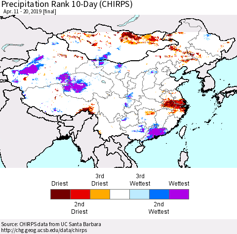 China, Mongolia and Taiwan Precipitation Rank since 1981, 10-Day (CHIRPS) Thematic Map For 4/11/2019 - 4/20/2019