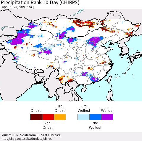China and Taiwan Precipitation Rank 10-Day (CHIRPS) Thematic Map For 4/16/2019 - 4/25/2019