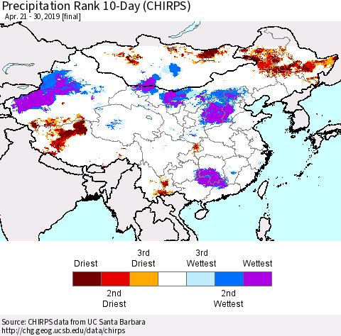China and Taiwan Precipitation Rank 10-Day (CHIRPS) Thematic Map For 4/21/2019 - 4/30/2019